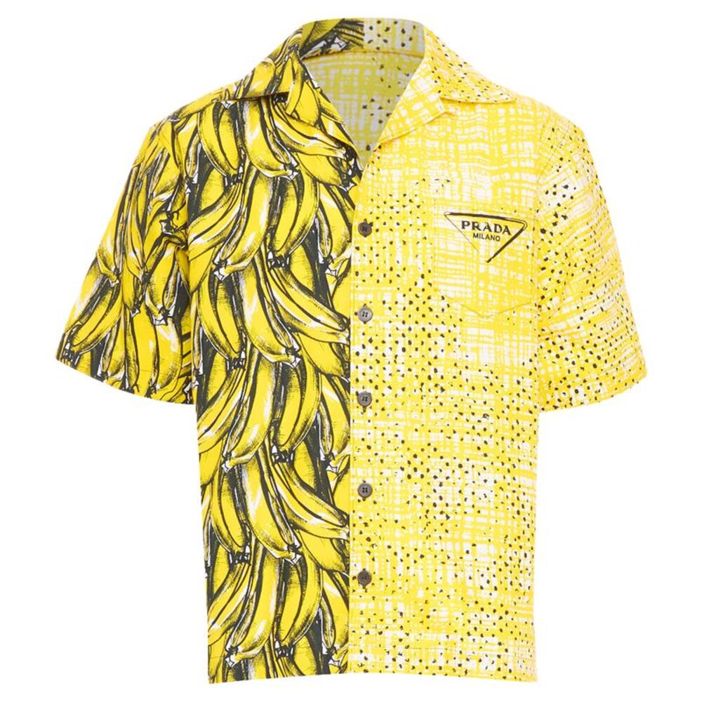 PRADA 2021 Runway Double Match Bananas Tweed yellow cotton bowling shirt S